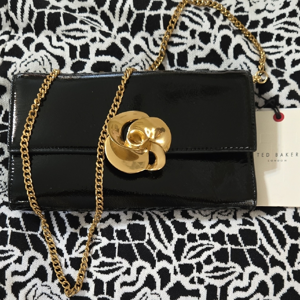 Ted Baker Glossy Black Clutch with Gold Chain With Stunning Closure Flower